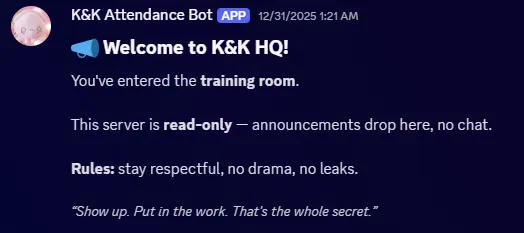 Intro message from a Discord Webhook welcoming you to a server.